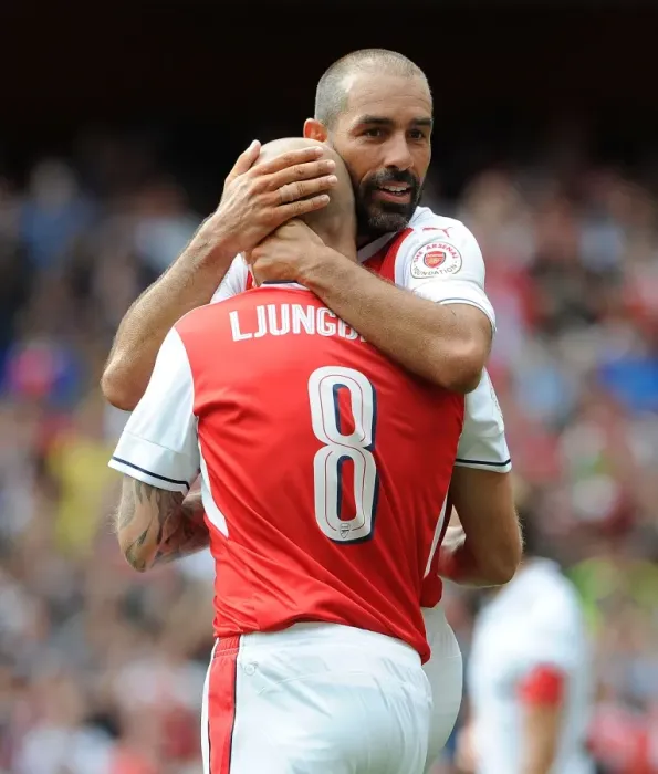 Framed Print : Arsenal Legends: Robert Pires and Freddie Ljungberg Celebrate Goal Against AC Milan Glorie Framed Print : Arsenal Legends: Robert Pires and Freddie Ljungberg Celebrate Goal Against AC Milan Glorie