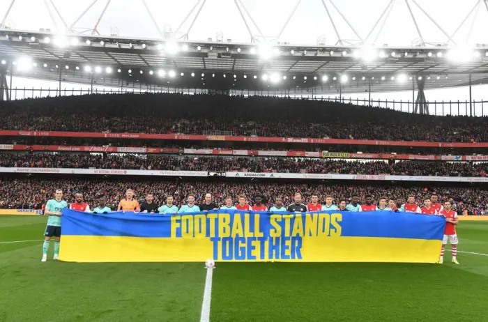 Framed Print : Arsenal and Leicester United for Ukraine: Premier League Stands as One (Arsenal vs Leicester City, 2021-22) Framed Print : Arsenal and Leicester United for Ukraine: Premier League Stands as One (Arsenal vs Leicester City, 2021-22)