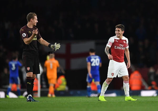 Arsenal: Leno and Torreira Celebrate after Arsenal FC vs Leicester City, Premier League 2018-19