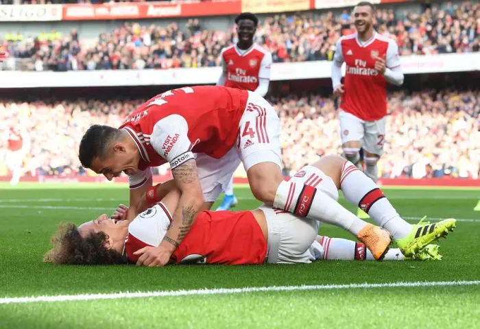 Framed Print : Arsenal: Luiz and Xhaka Celebrate Goal vs AFC Bournemouth, Premier League 2019-20