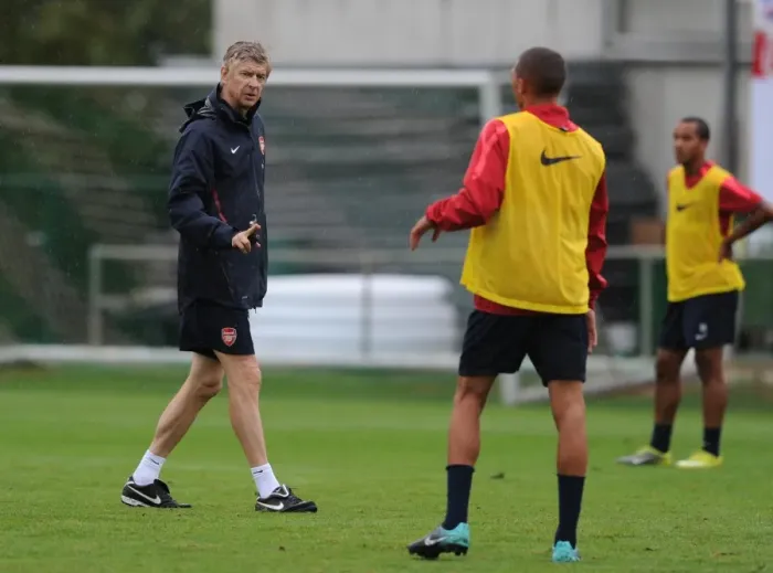 Framed Print : Arsenal manager Arsene Wenger with Kieran Gibbs. Arsenal Training Camp