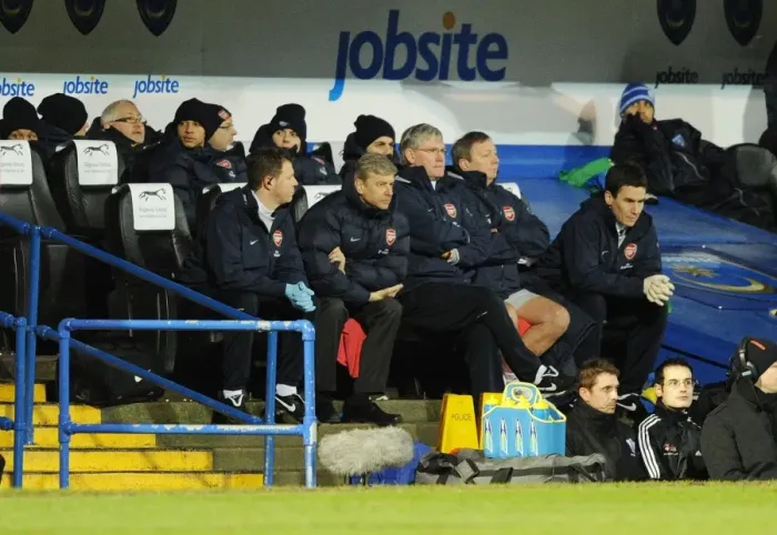 Framed Print : Arsenal manager Arsene Wenger with physio Colin Lewin and assistant Pat Rice during the match