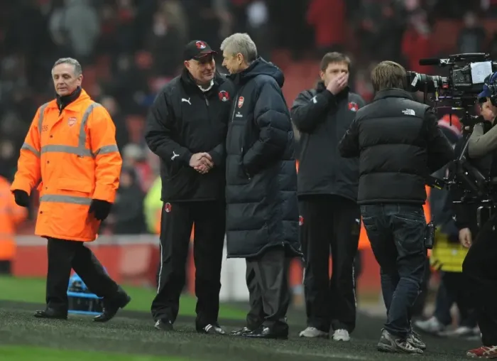 Framed Print : Arsenal manager Arsene Wenger shakes with Orient manager Russell Slade Framed Print : Arsenal manager Arsene Wenger shakes with Orient manager Russell Slade