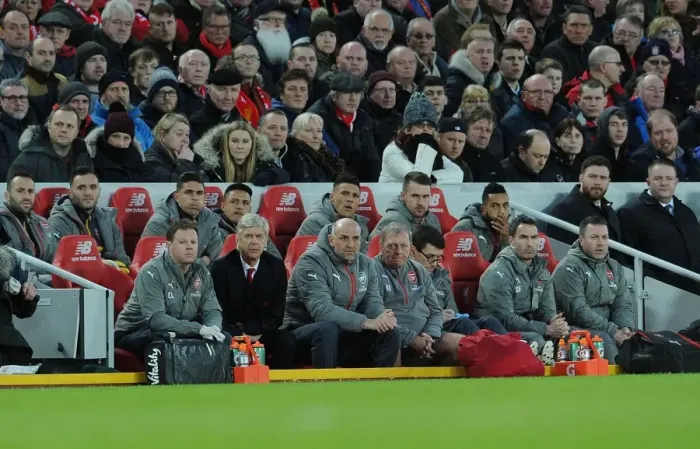 Framed Print : Arsenal Manager Arsene Wenger and Team Staff at Liverpool's Anfield during Premier League Match vs Arsenal (2016-17)