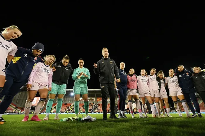 Framed Print : Arsenal Manager Jonas Eidevall Consoles Players After FA Women's Super League Loss to Manchester United Framed Print : Arsenal Manager Jonas Eidevall Consoles Players After FA Women's Super League Loss to Manchester United