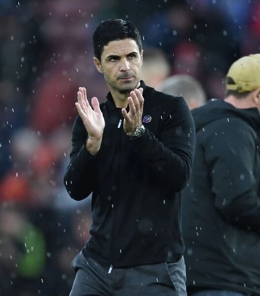 Arsenal Manager Mikel Arteta Applauds Fans after Southampton Victory, 2022-23 Premier League