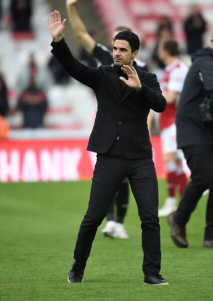 Arsenal Manager Mikel Arteta Celebrates with Fans after Arsenal vs Brighton & Hove Albion in Premier League Amidst Eased Coronavirus Restrictions