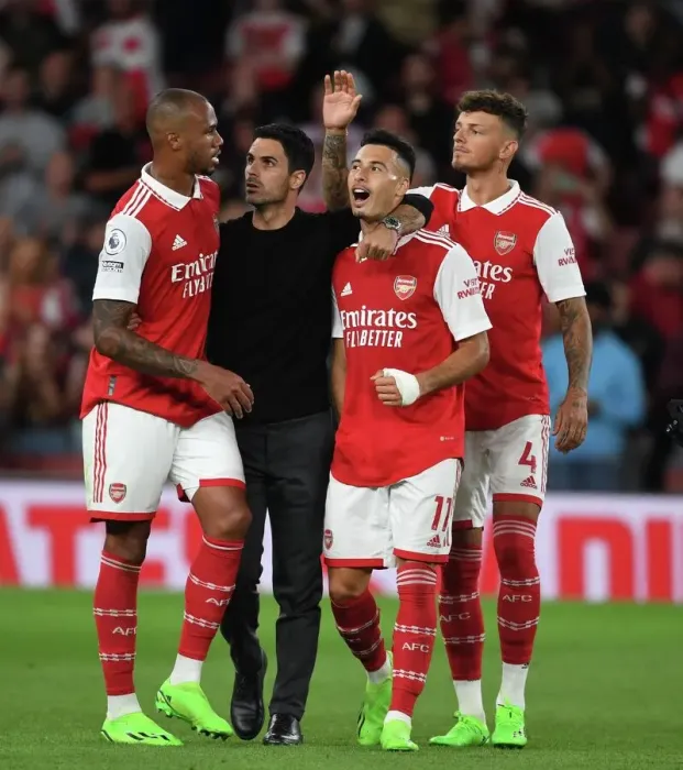 Framed Print : Arsenal Manager Mikel Arteta Celebrates with Gabriel, Martinelli, and White after Arsenal's Victory over Aston Villa (2022-23) Framed Print : Arsenal Manager Mikel Arteta Celebrates with Gabriel, Martinelli, and White after Arsenal's Victory over Aston Villa (2022-23)