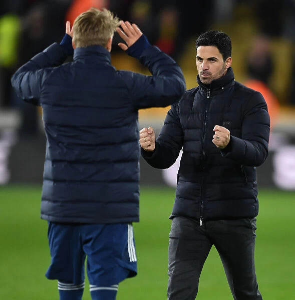 Arsenal Manager Mikel Arteta Celebrates with Martin Odegaard after Wolverhampton Win