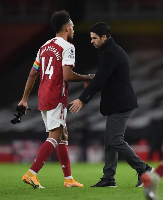 Framed Print : Arsenal Manager Mikel Arteta Celebrates with Pierre-Emerick Aubameyang after Arsenal's Win against Burnley (December 2020) Framed Print : Arsenal Manager Mikel Arteta Celebrates with Pierre-Emerick Aubameyang after Arsenal's Win against Burnley (December 2020)