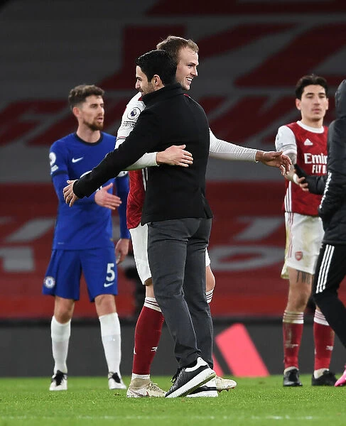 Arsenal Manager Mikel Arteta Celebrates with Rob Holding after Arsenal vs Chelsea Premier League Match, London, 2020 (Behind Closed Doors)