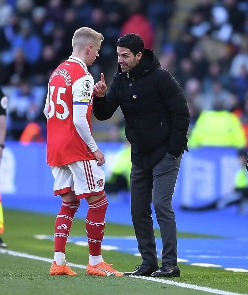 Arsenal Manager Mikel Arteta Conferencing with Oleksandr Zinchenko during Leicester City vs Arsenal Premier League Match, 2022-23