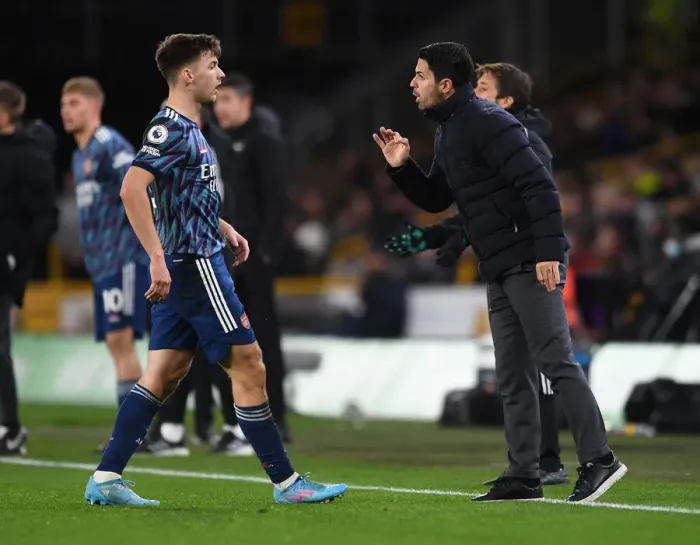 Framed Print : Arsenal Manager Mikel Arteta Consults Kieran Tierney Amidst Wolverhampton Wanderers Clash (2021-22) Framed Print : Arsenal Manager Mikel Arteta Consults Kieran Tierney Amidst Wolverhampton Wanderers Clash (2021-22)