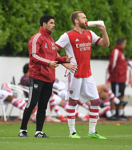 Arsenal Manager Mikel Arteta and Defender Calum Chambers During Arsenal's Pre-Season Friendly Against Millwall