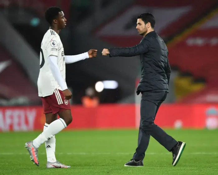 Framed Print : Arsenal Manager Mikel Arteta and Eddie Nketiah at Anfield: Liverpool vs Arsenal, 2020-21 Premier League