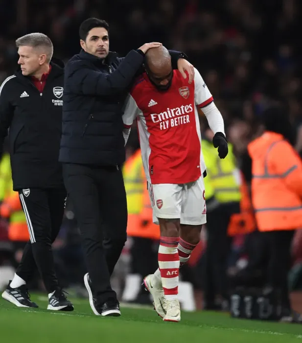 Framed Print : Arsenal Manager Mikel Arteta Embraces Alex Lacazette in Emotional Moment during Arsenal vs West Ham United (2021-22)