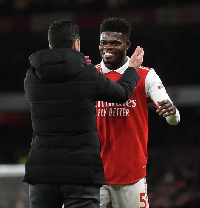 Framed Print : Arsenal Manager Mikel Arteta Embraces Thomas Partey After Substitution: Arsenal FC vs West Ham United, Premier League 2022-23