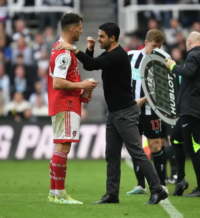 Framed Print : Arsenal Manager Mikel Arteta with Granit Xhaka: Newcastle United vs. Arsenal FC, Premier League 2022-23 Framed Print : Arsenal Manager Mikel Arteta with Granit Xhaka: Newcastle United vs. Arsenal FC, Premier League 2022-23