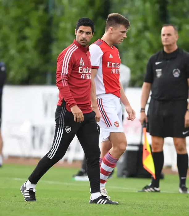 Framed Print : Arsenal Manager Mikel Arteta With Kieran Tierney During Arsenal's Pre-Season Friendly Against Watford Framed Print : Arsenal Manager Mikel Arteta With Kieran Tierney During Arsenal's Pre-Season Friendly Against Watford