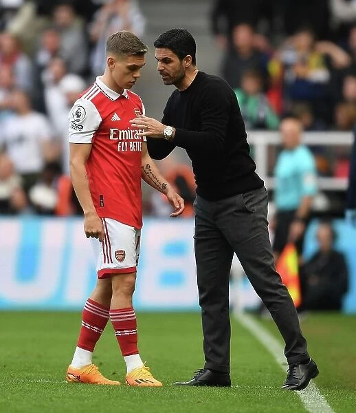 Arsenal Manager Mikel Arteta with Leandro Trossard during Newcastle United vs Arsenal FC, Premier League 2022-23