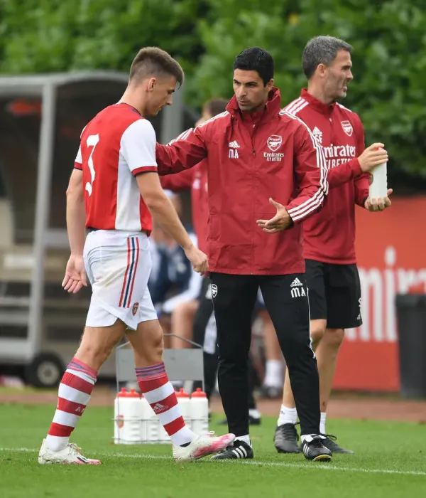 Framed Print : Arsenal Manager Mikel Arteta Speaks with Kieran Tierney after Substitution during Arsenal vs Millwall Pre-Season Friendly