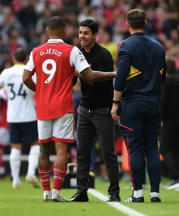 Framed Print : Arsenal Manager Mikel Arteta Strategizes with Gabriel Jesus: Arsenal vs. Tottenham (2022-23) Framed Print : Arsenal Manager Mikel Arteta Strategizes with Gabriel Jesus: Arsenal vs. Tottenham (2022-23)