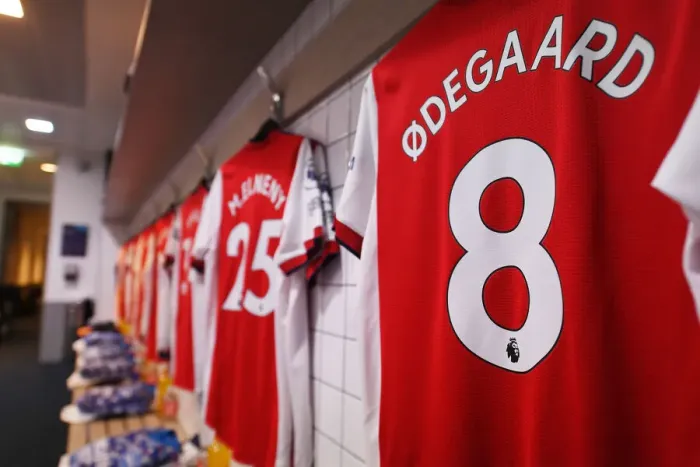 Framed Print : Arsenal: Martin Odegaard's Shirt in Arsenal Changing Room Before Tottenham Clash (Tottenham Hotspur vs Arsenal 2021-22)