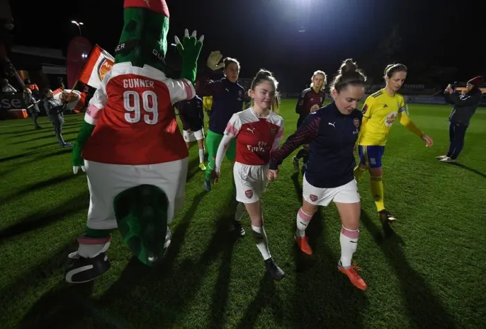 Framed Print : Arsenal mascot with Kim Little before the match