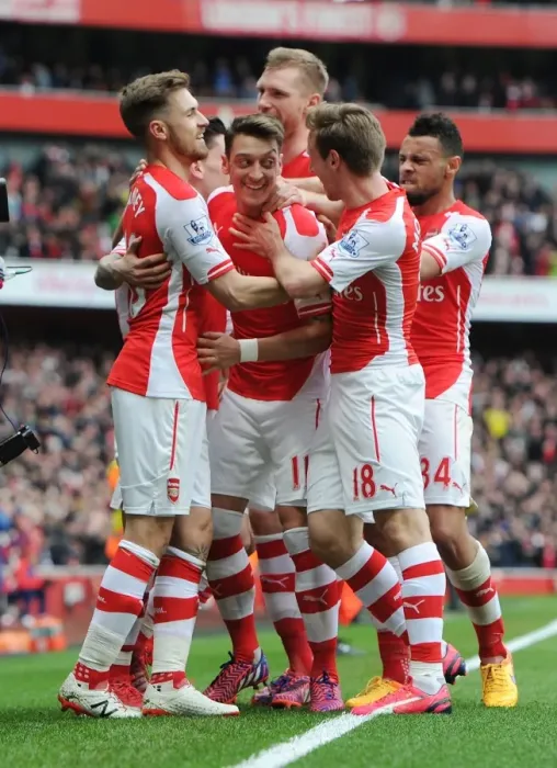 Framed Print : Arsenal: Mesut Ozil Scores, Aaron Ramsey, Nacho Monreal, and Francis Coquelin Celebrate Against Liverpool (2014-15)