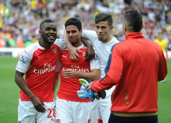 Framed Print : Arsenal: Mikel Arteta Celebrates Victory with Teammates Framed Print : Arsenal: Mikel Arteta Celebrates Victory with Teammates