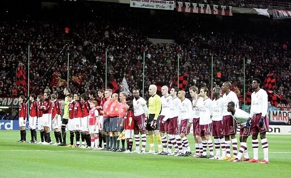 The Arsenal and Milan players line up before the match
