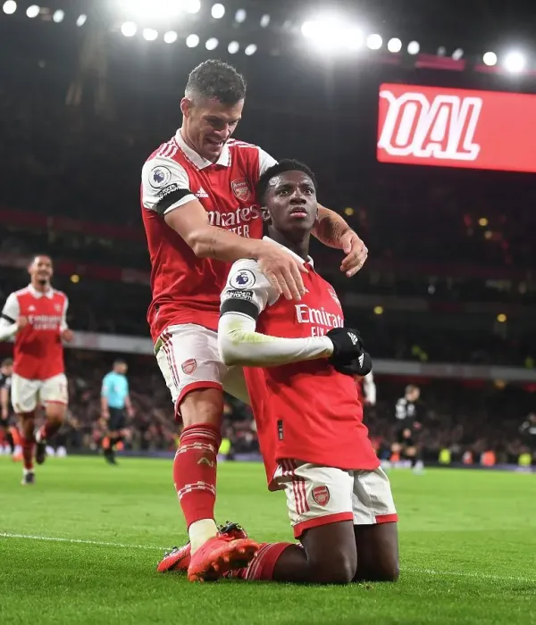 Framed Print : Arsenal: Nketiah and Xhaka Celebrate Goals Against West Ham (2022-23) Framed Print : Arsenal: Nketiah and Xhaka Celebrate Goals Against West Ham (2022-23)