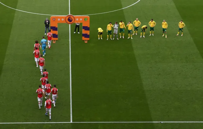 Framed Print : Arsenal and Norwich Players Line Up Ahead of Premier League Clash at Emirates Stadium