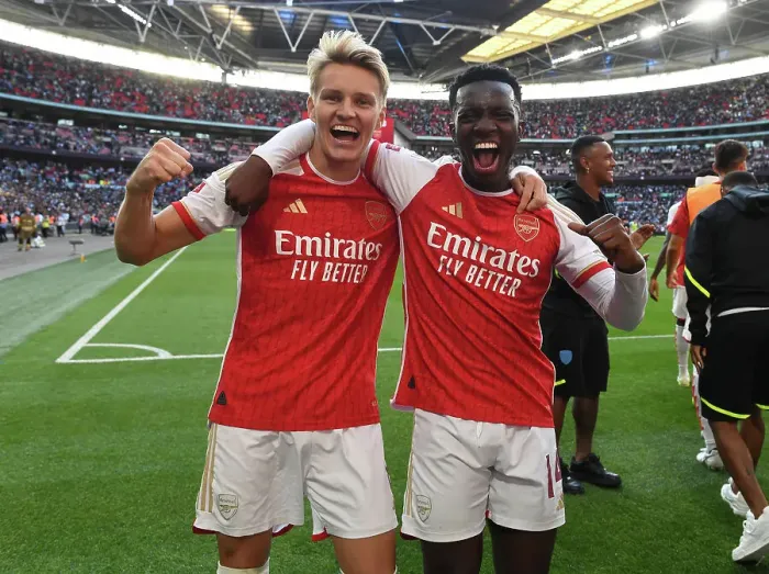 Framed Print : Arsenal: Odegaard and Nketiah Celebrate Community Shield Victory