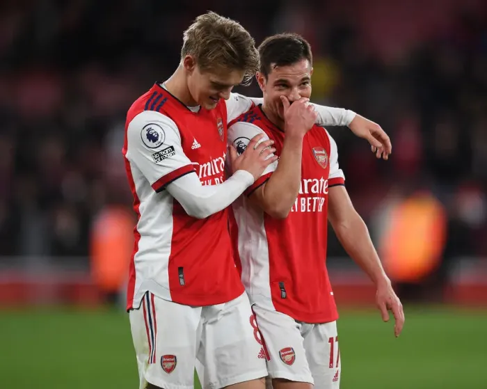 Framed Print : Arsenal: Odegaard and Soares Share a Moment After Arsenal vs. Leicester City (2021-22)
