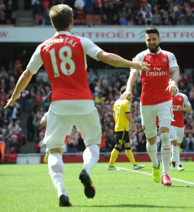 Framed Print : Arsenal: Olivier Giroud and Nacho Monreal Celebrate Goal Against Aston Villa (2015-16)