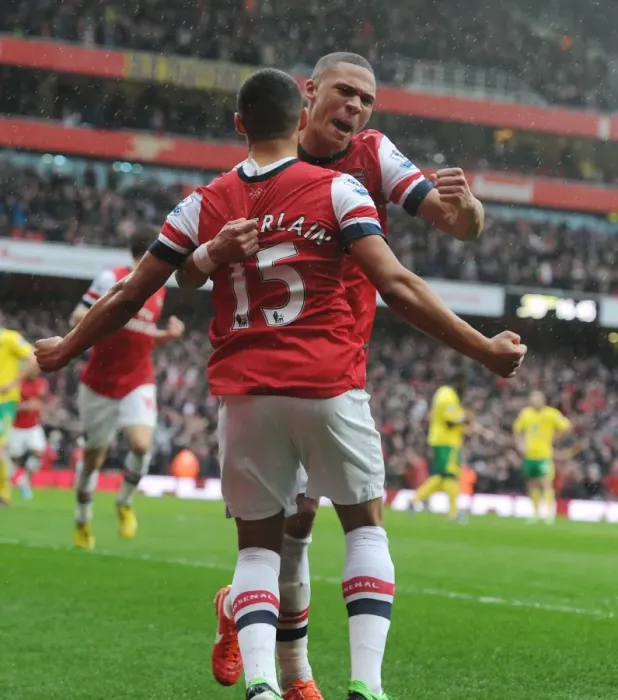 Framed Print : Arsenal: Oxlade-Chamberlain and Gibbs Celebrate Second Goal vs Norwich City (2013) Framed Print : Arsenal: Oxlade-Chamberlain and Gibbs Celebrate Second Goal vs Norwich City (2013)