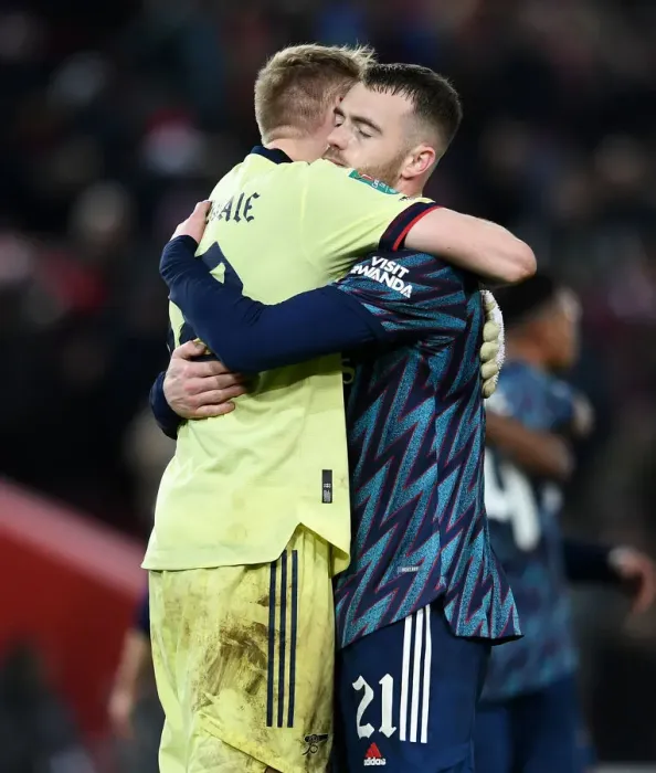 Framed Print : Arsenal Players Aaron Ramsdale and Calum Chambers Reaction after Carabao Cup Semi-Final First Leg vs Liverpool