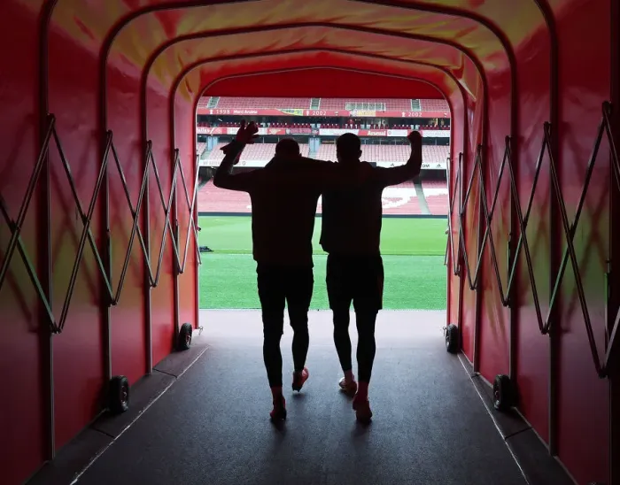 Framed Print : Arsenal Players Aaron Ramsdale and Rob Holding Before Arsenal vs Crystal Palace (2021-22) Framed Print : Arsenal Players Aaron Ramsdale and Rob Holding Before Arsenal vs Crystal Palace (2021-22)