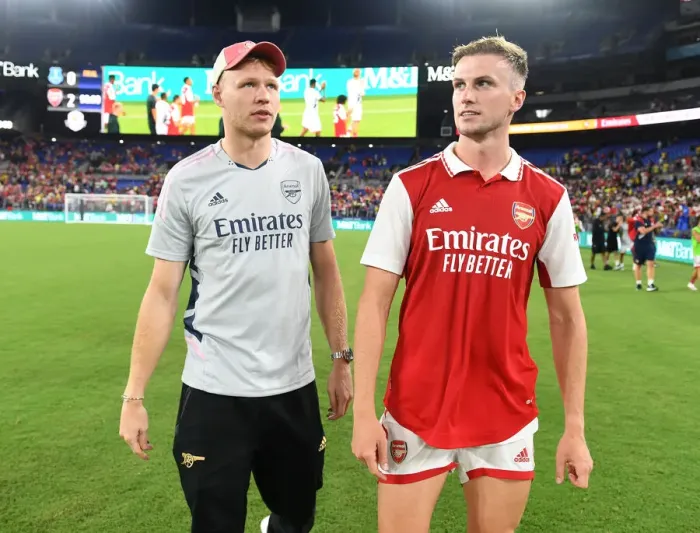 Framed Print : Arsenal Players Aaron Ramsdale and Rob Holding Post-Match in Baltimore During Pre-Season Tour against Everton Framed Print : Arsenal Players Aaron Ramsdale and Rob Holding Post-Match in Baltimore During Pre-Season Tour against Everton