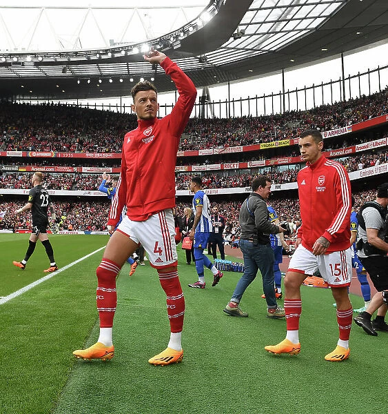 Arsenal Players Ben White and Jakub Kiwior Prepare for Arsenal v Brighton & Hove Albion Premier League Match, Emirates Stadium, London, May 2023