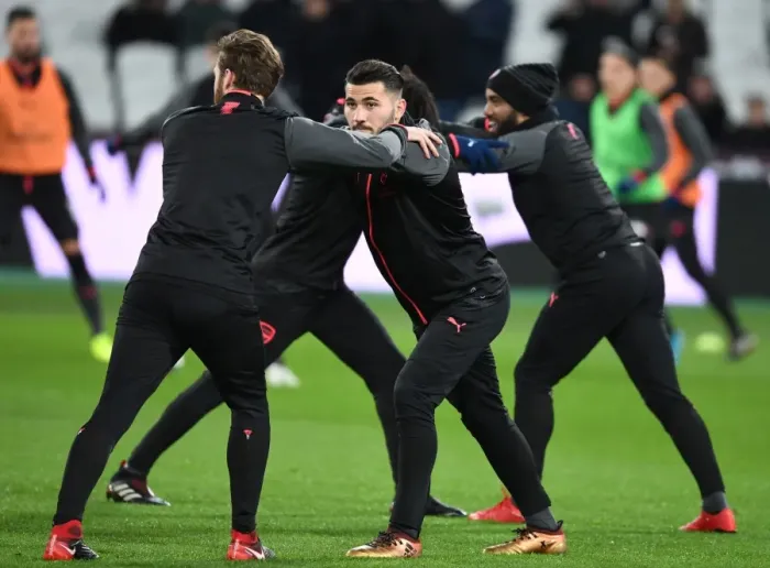 Framed Print : Arsenal Players Calum Chambers and Sead Kolasinac Before West Ham United Clash (2017-18) Framed Print : Arsenal Players Calum Chambers and Sead Kolasinac Before West Ham United Clash (2017-18)