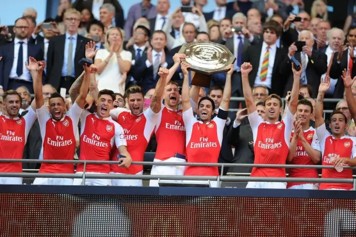 Framed Print : Arsenal Players Celebrate FA Community Shield Victory over Chelsea Framed Print : Arsenal Players Celebrate FA Community Shield Victory over Chelsea