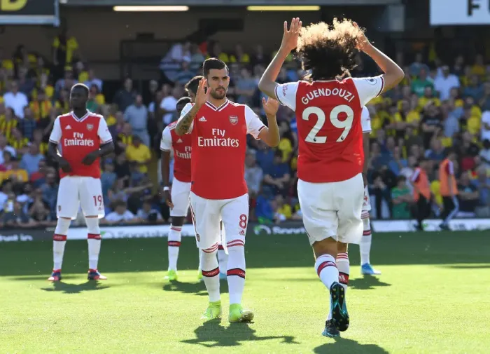 Framed Print : Arsenal Players Dani Ceballos and Matteo Guendouzi Before Watford vs Arsenal Premier League Match, 2019