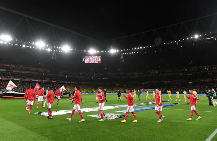 Framed Print : Arsenal Players Take the Field against FK Bodo / Glimt in Europa League Match Framed Print : Arsenal Players Take the Field against FK Bodo / Glimt in Europa League Match