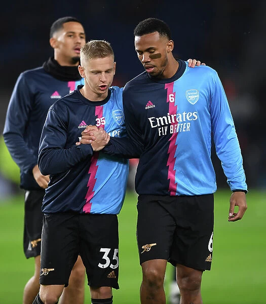 Arsenal Players Gabriel Magalhaes and Oleksandr Zinchenko Warm Up Ahead of Brighton & Hove Albion Clash (Premier League 2022-23)