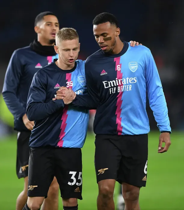 Framed Print : Arsenal Players Gabriel Magalhaes and Oleksandr Zinchenko Warm Up Ahead of Brighton & Hove Albion Clash (Premier League 2022-23)