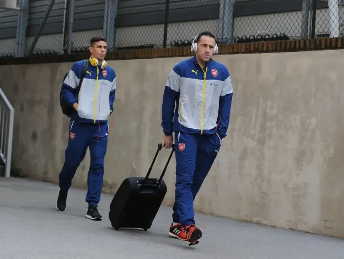 Framed Print : Arsenal Players Gabriel and Ospina Arrive at Selhurst Park Ahead of Crystal Palace Match (2015)
