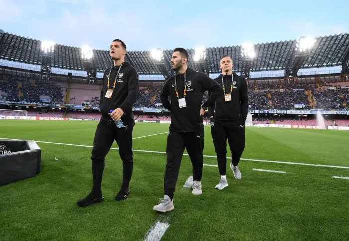 Framed Print : Arsenal Players Granit Xhaka, Sead Kolasinac, and Bernd Leno Before Napoli Clash in Europa League Quarterfinals Framed Print : Arsenal Players Granit Xhaka, Sead Kolasinac, and Bernd Leno Before Napoli Clash in Europa League Quarterfinals