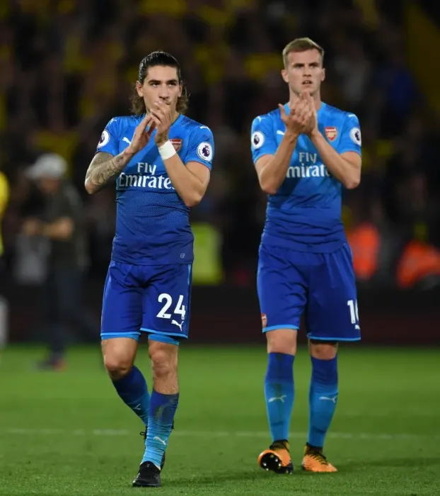 Framed Print : Arsenal Players Hector Bellerin and Rob Holding Celebrate Victory Against Watford, 2017-18 Premier League